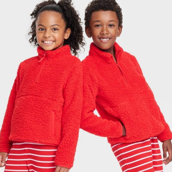 NEW! Kids' (Unisex) Faux Shearling Half Zip-Up Pullover, Red - Wondershop - Picture 1 of 8